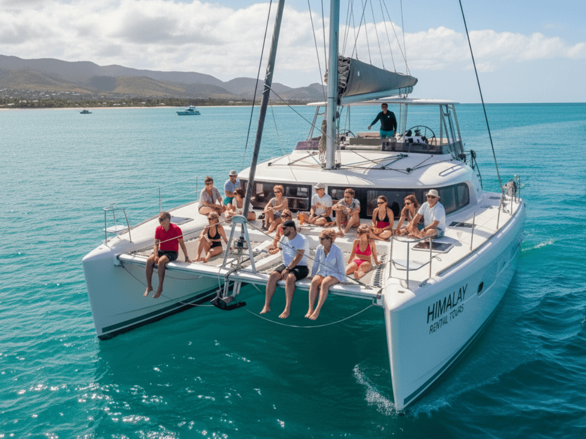 Catamaran and speedboat in the Mauritius lagoon at sunset