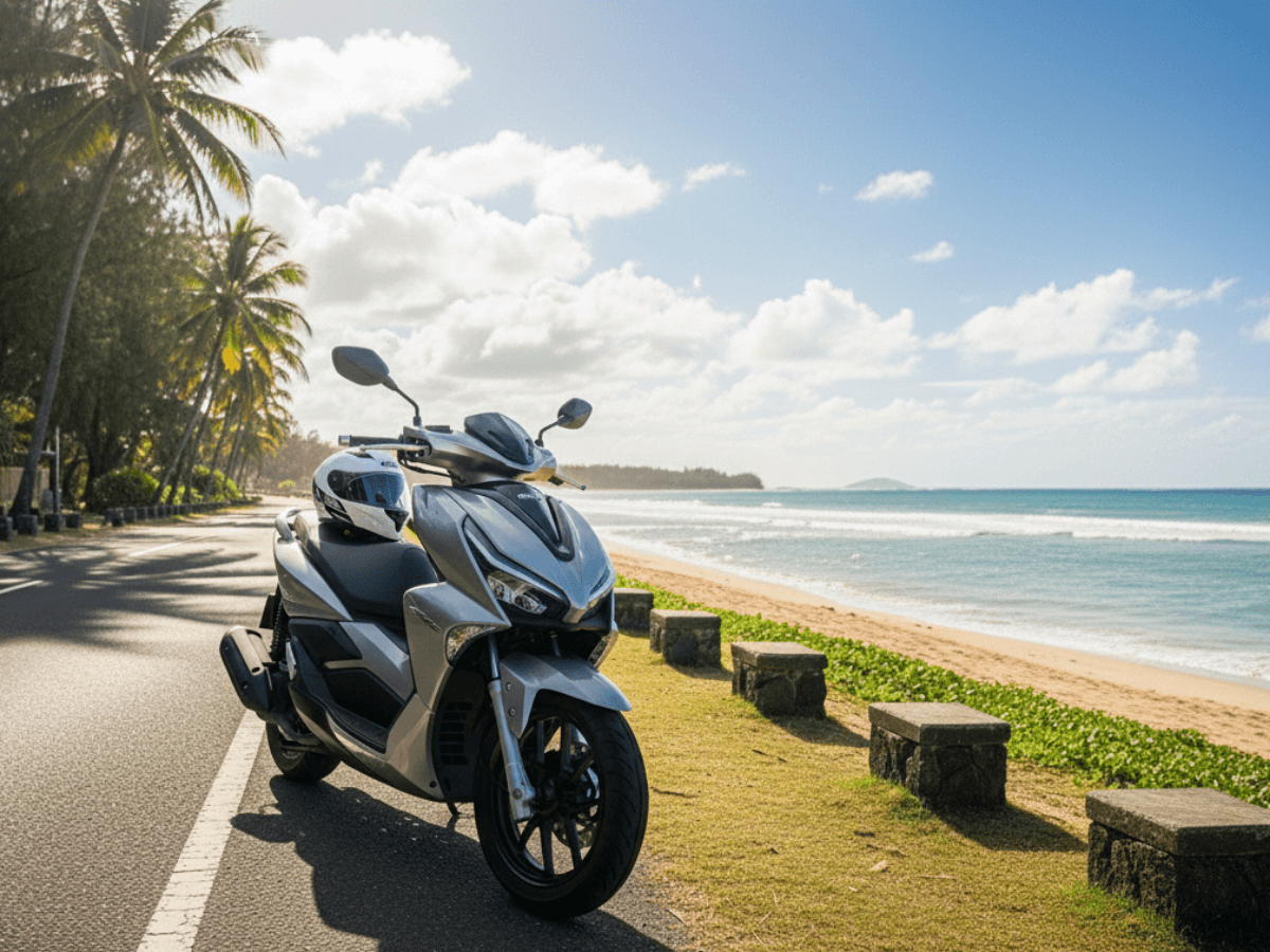 Scooter parked near a lagoon road in Mauritius at sunset